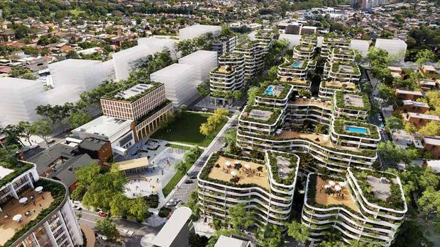 An aerial render of the Southwark Square development: curved apartment buildings with planted rooftop terraces and balconies, set around a new landscaped public square in an established inner-west suburb.